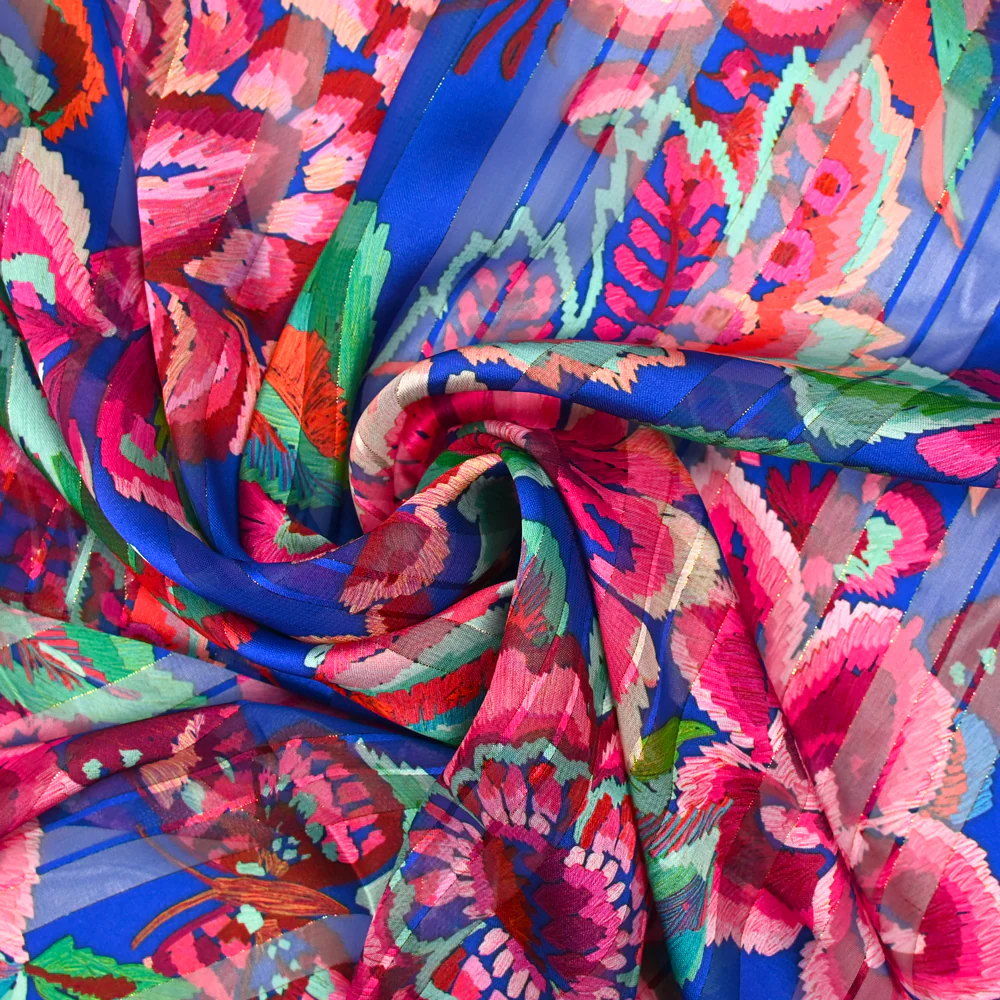 Mousseline imprimée bande satin carnaval de fleurs fond bleu - Image 2