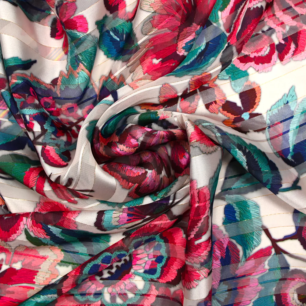 Mousseline imprimée bande satin carnaval de fleurs fond nacre - Image 2