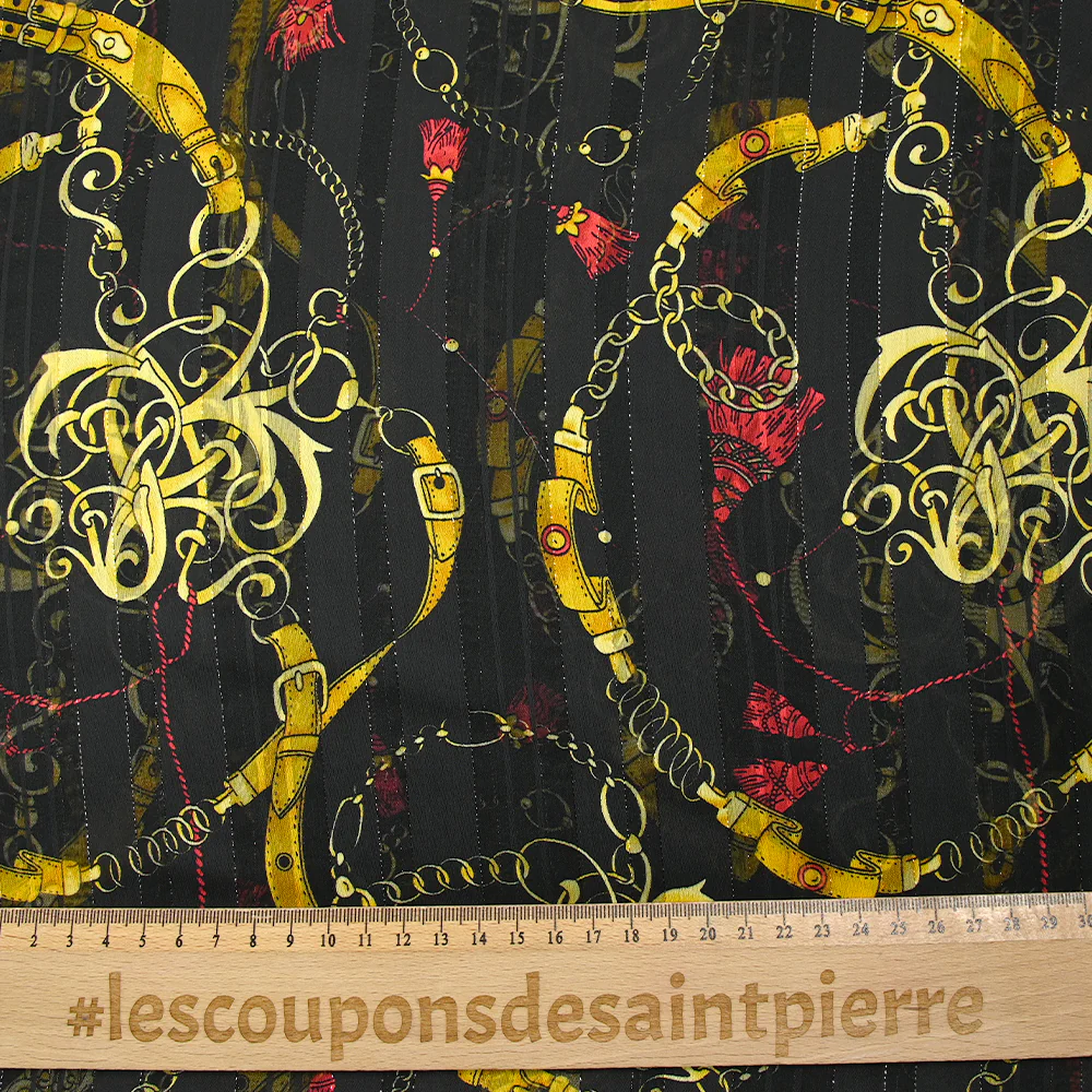 Mousseline imprimée bande satin chaînes et glands fond noir - Image 3