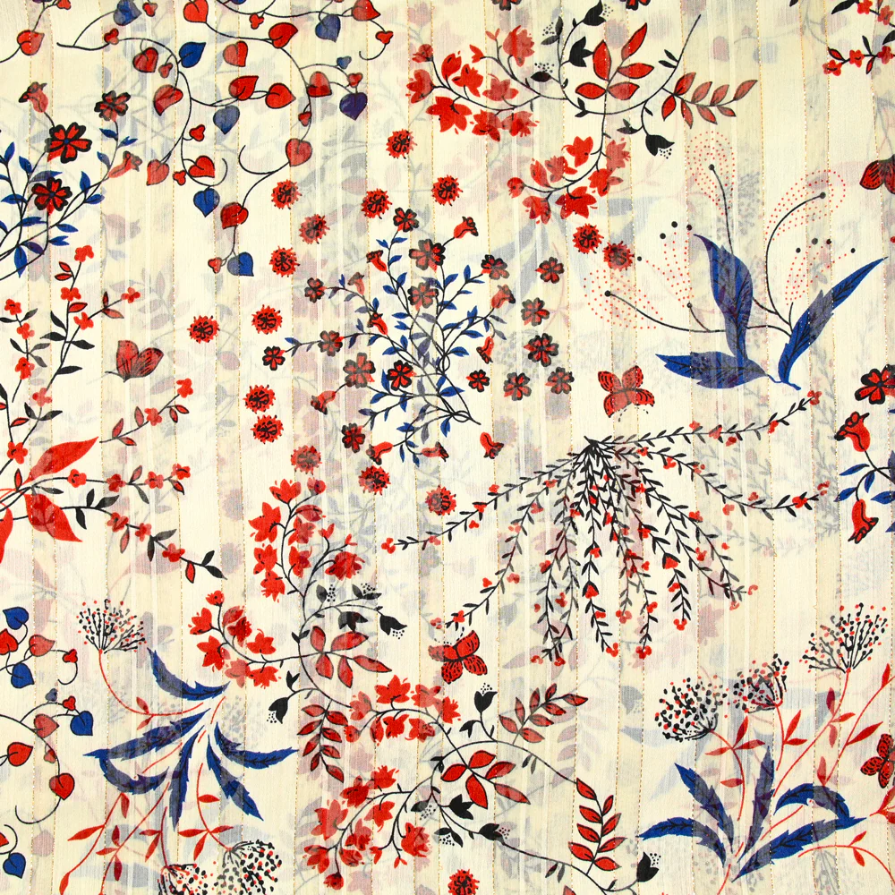 Mousseline imprimée bande satin Églantine fond écru