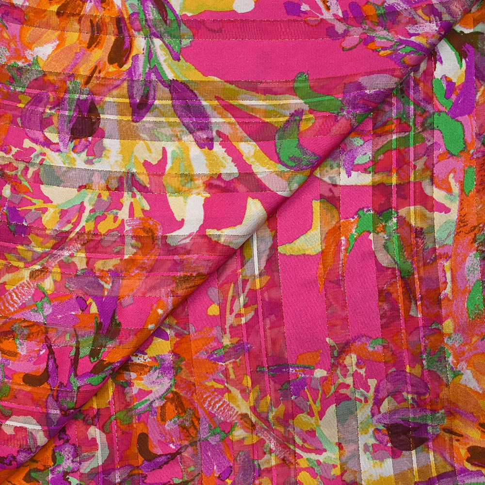 Mousseline imprimée bande satin fleurs en folie fond fuchsia - Image 4
