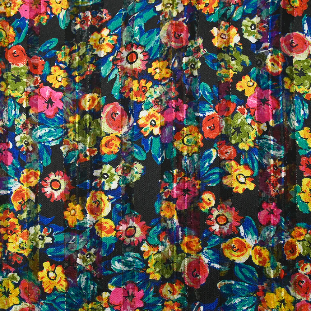 Mousseline imprimée bande satin fleurs en gouache fond noir
