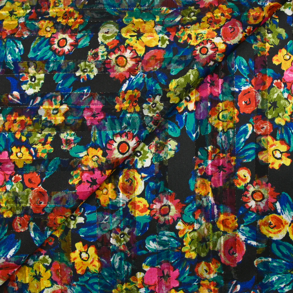 Mousseline imprimée bande satin fleurs en gouache fond noir - Image 4