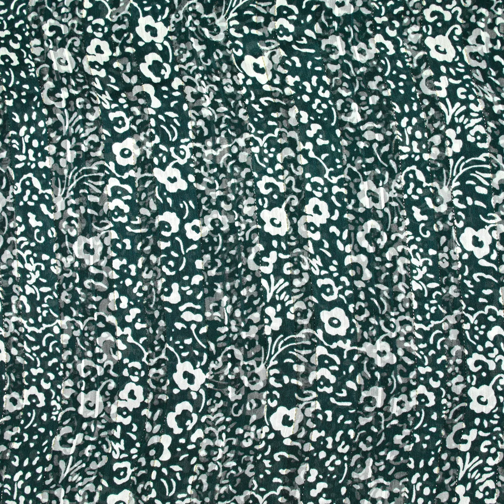 Mousseline imprimée bande satin fleurs fond vert forêt