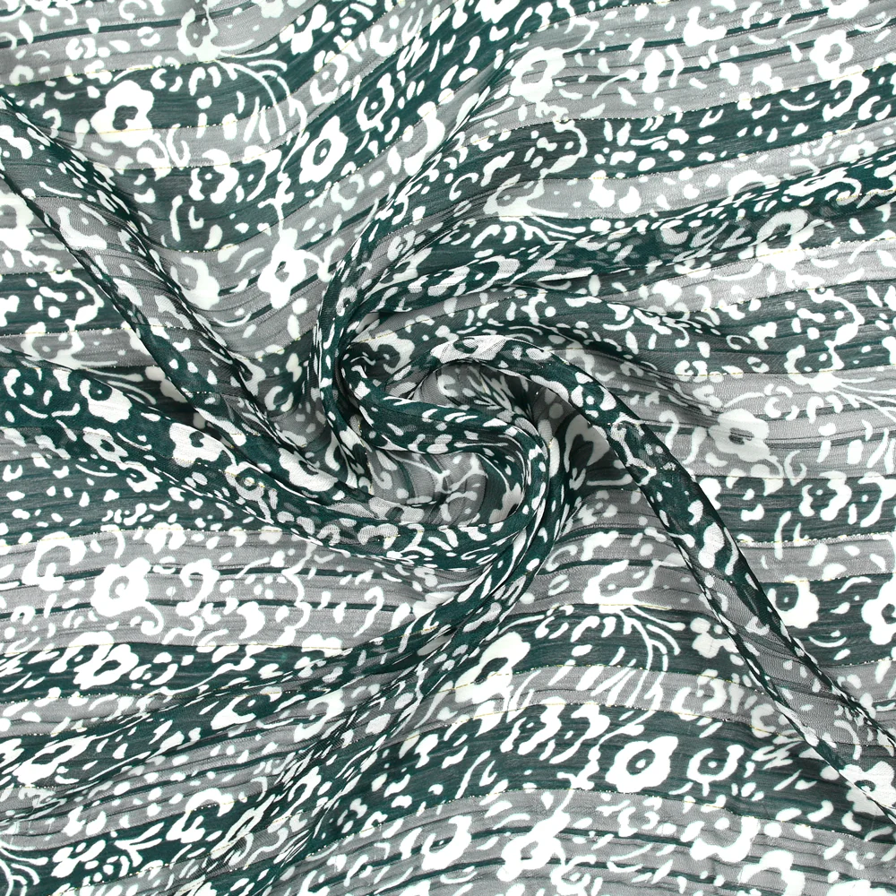 Mousseline imprimée bande satin fleurs fond vert forêt - Image 2