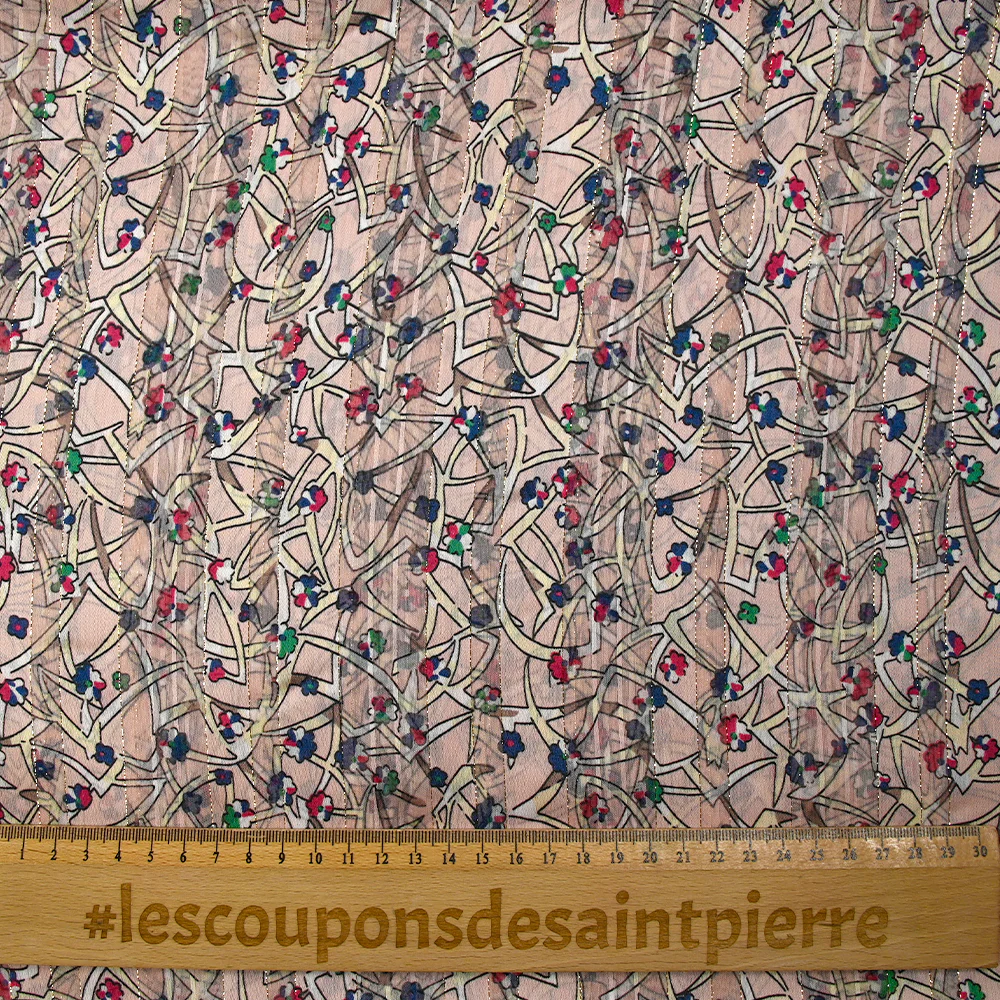 Mousseline imprimée bande satin fleurs vagabondes fond rose poudré - Image 3