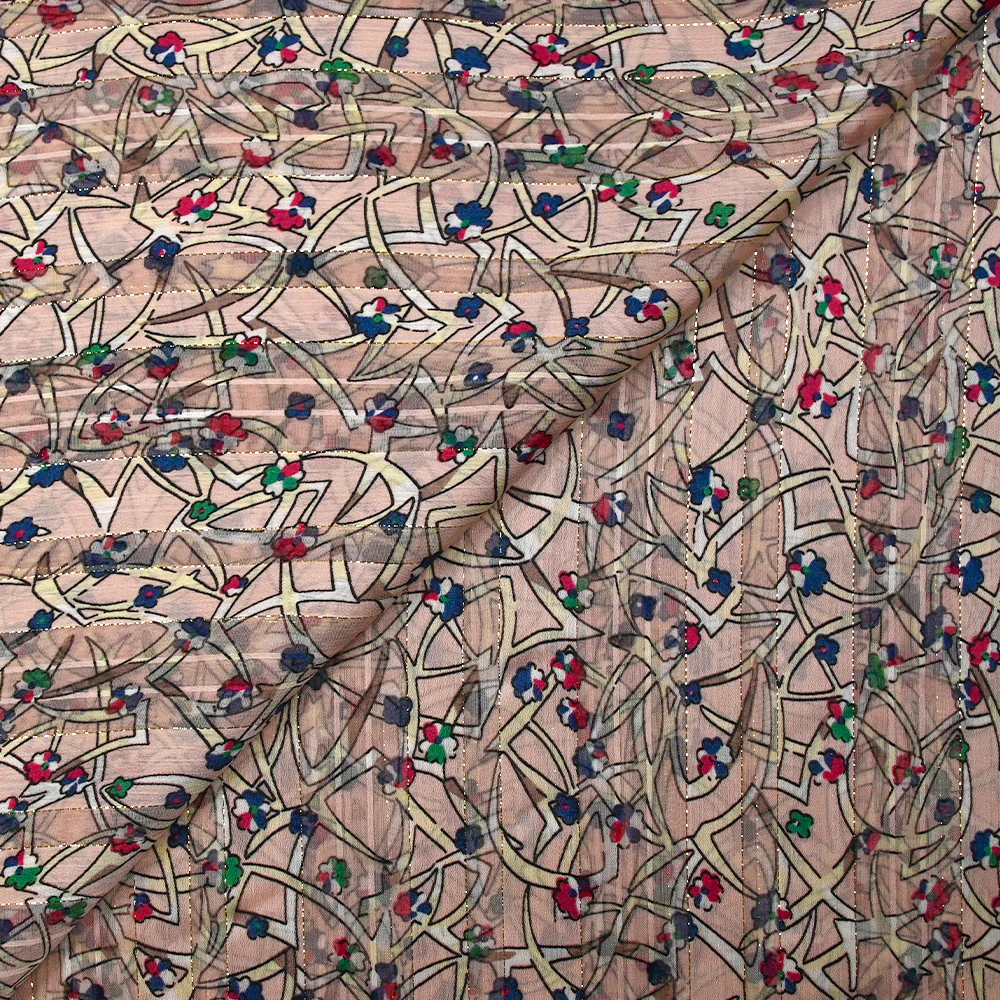 Mousseline imprimée bande satin fleurs vagabondes fond rose poudré - Image 4