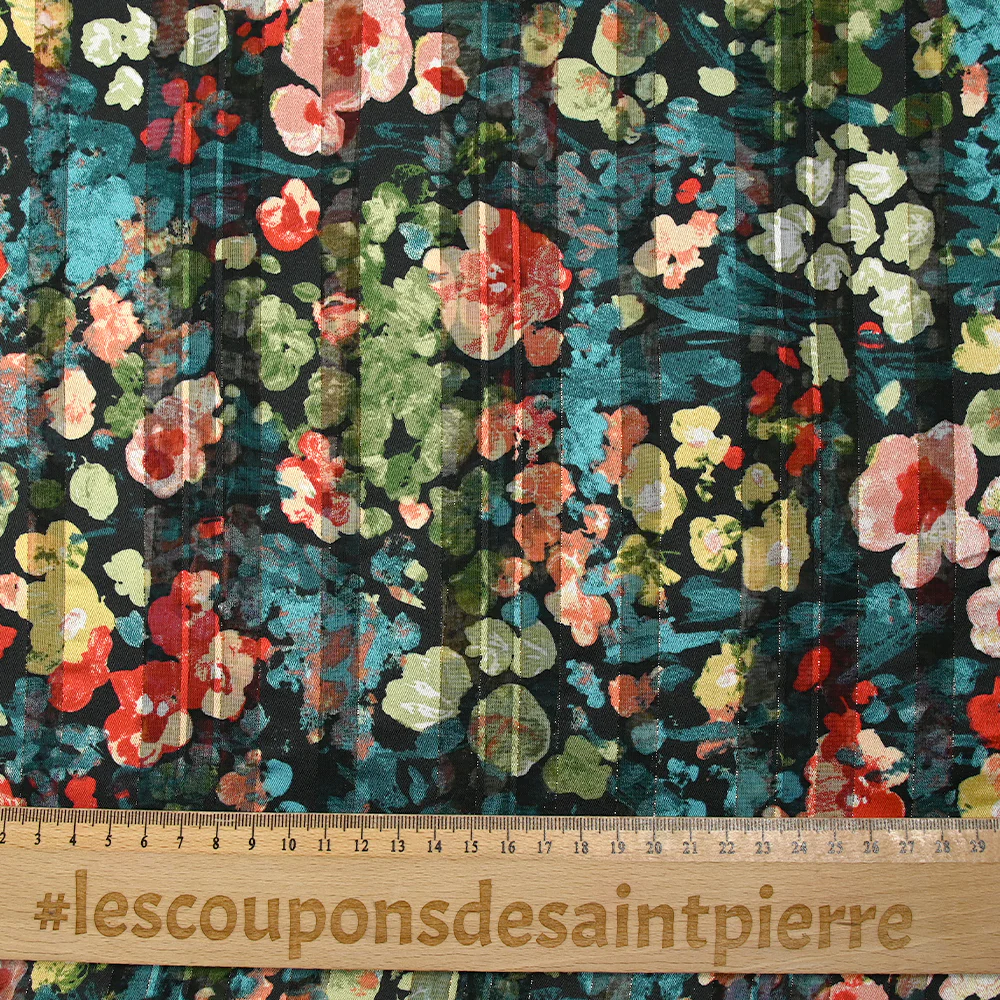 Mousseline imprimée bande satin Flora canard, kaki et rouille fond noir - Image 3