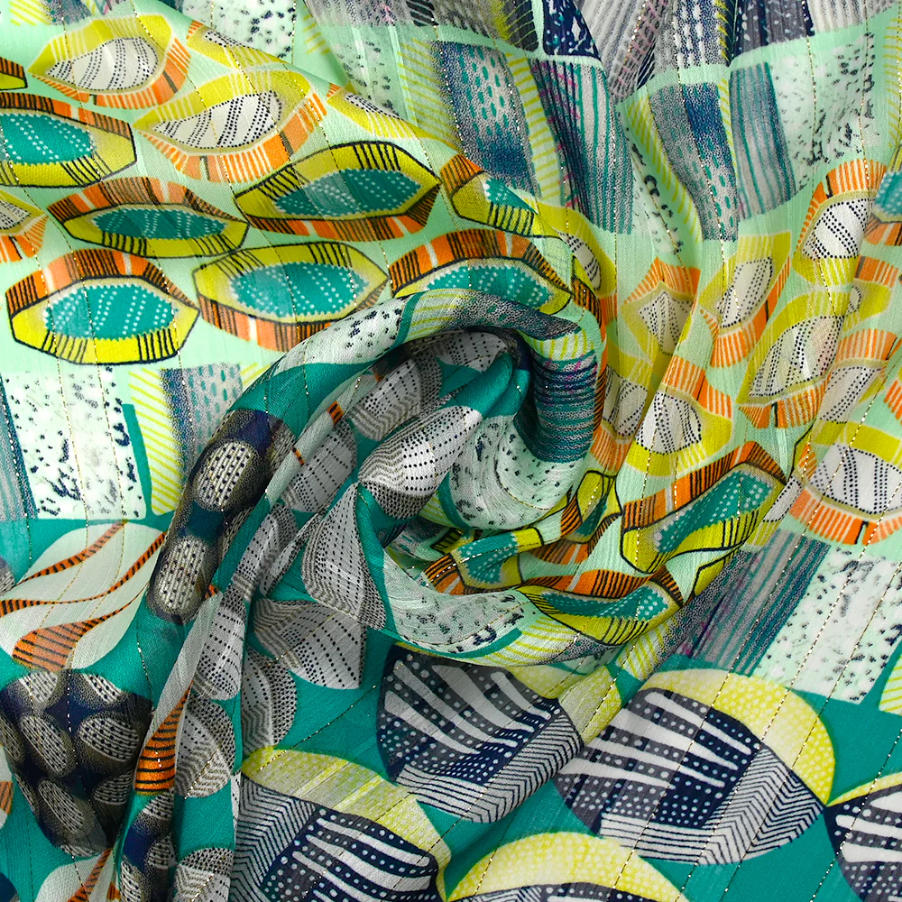 Mousseline imprimée bande satin galets de mer turquoise et vert d'eau - Image 2