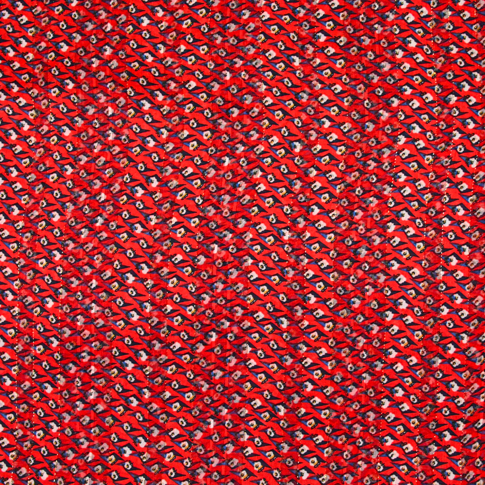 Mousseline imprimée bande satin oeil bleu fond rouge