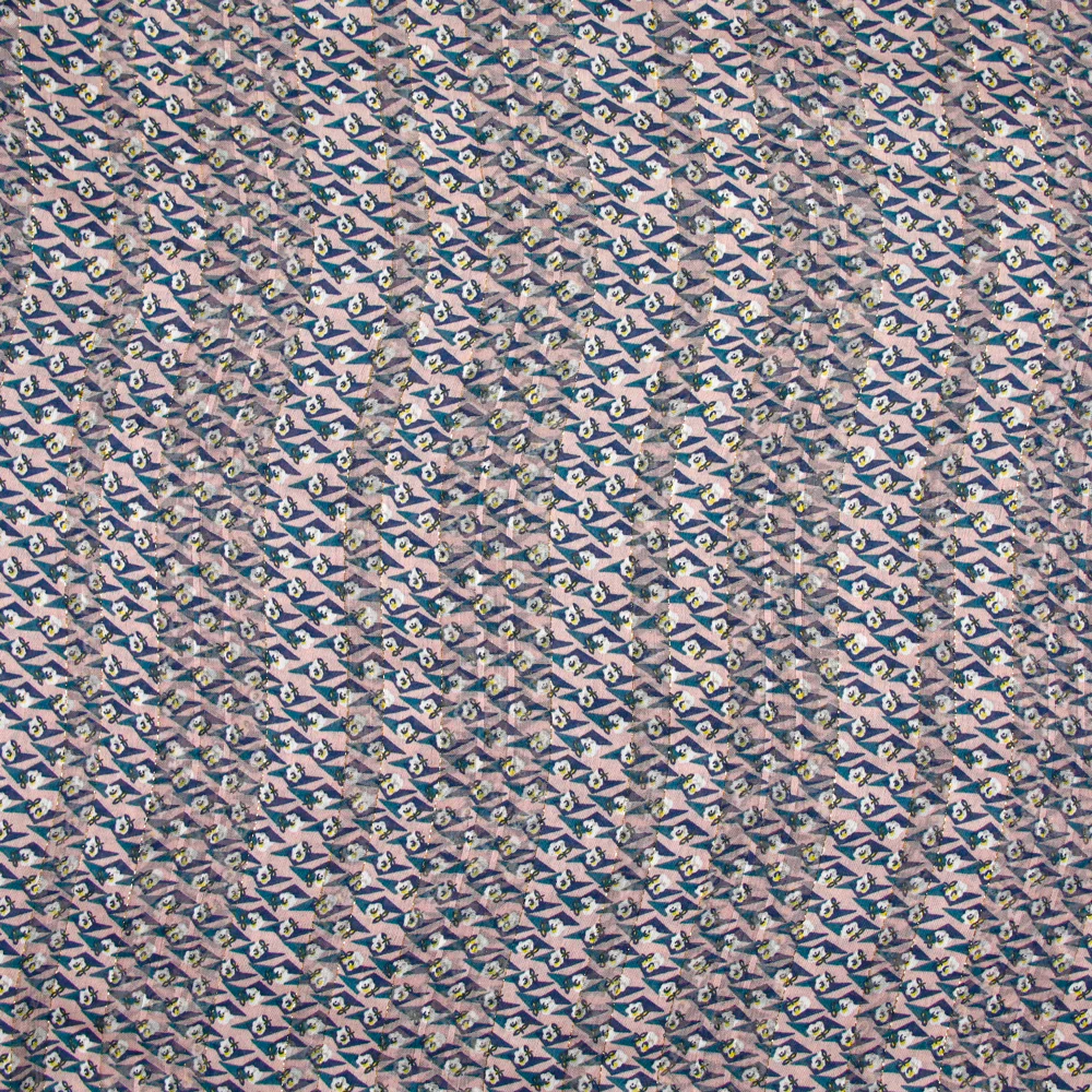 Mousseline imprimée bande satin oeil bleu fond vieux rose
