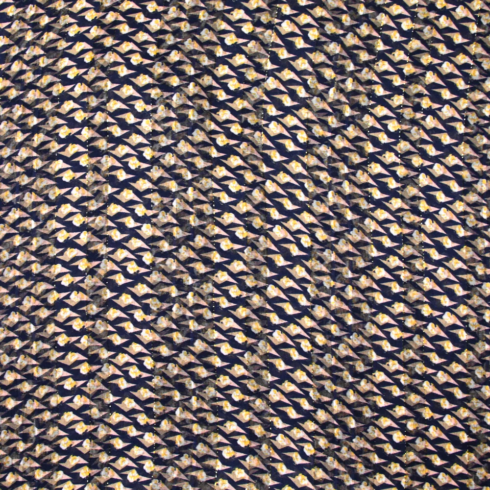 Mousseline imprimée bande satin oeil rose fond marine