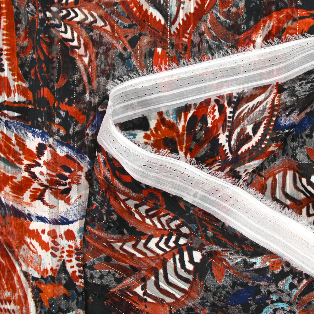 Mousseline imprimée bande satin opera marron fond marine - Image 4