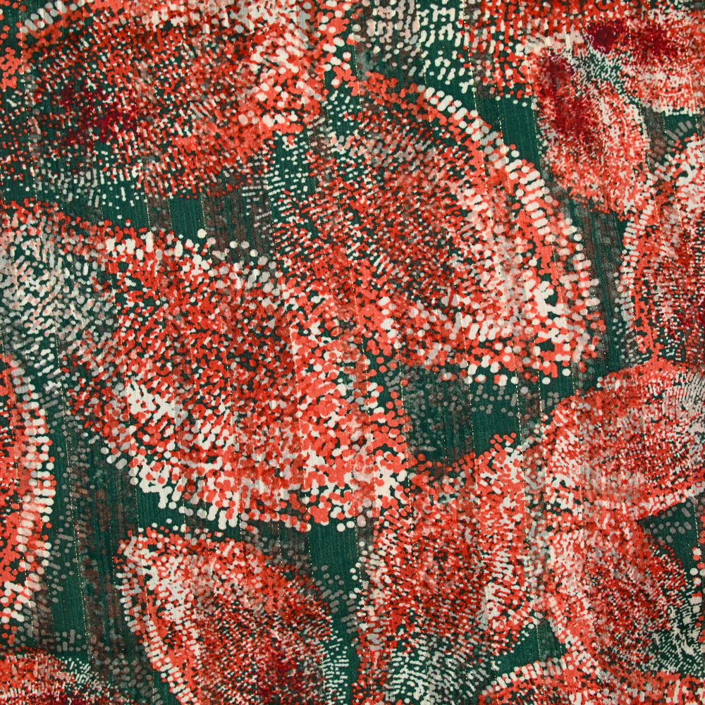 Mousseline imprimée bande satin pointillisme vert et orange