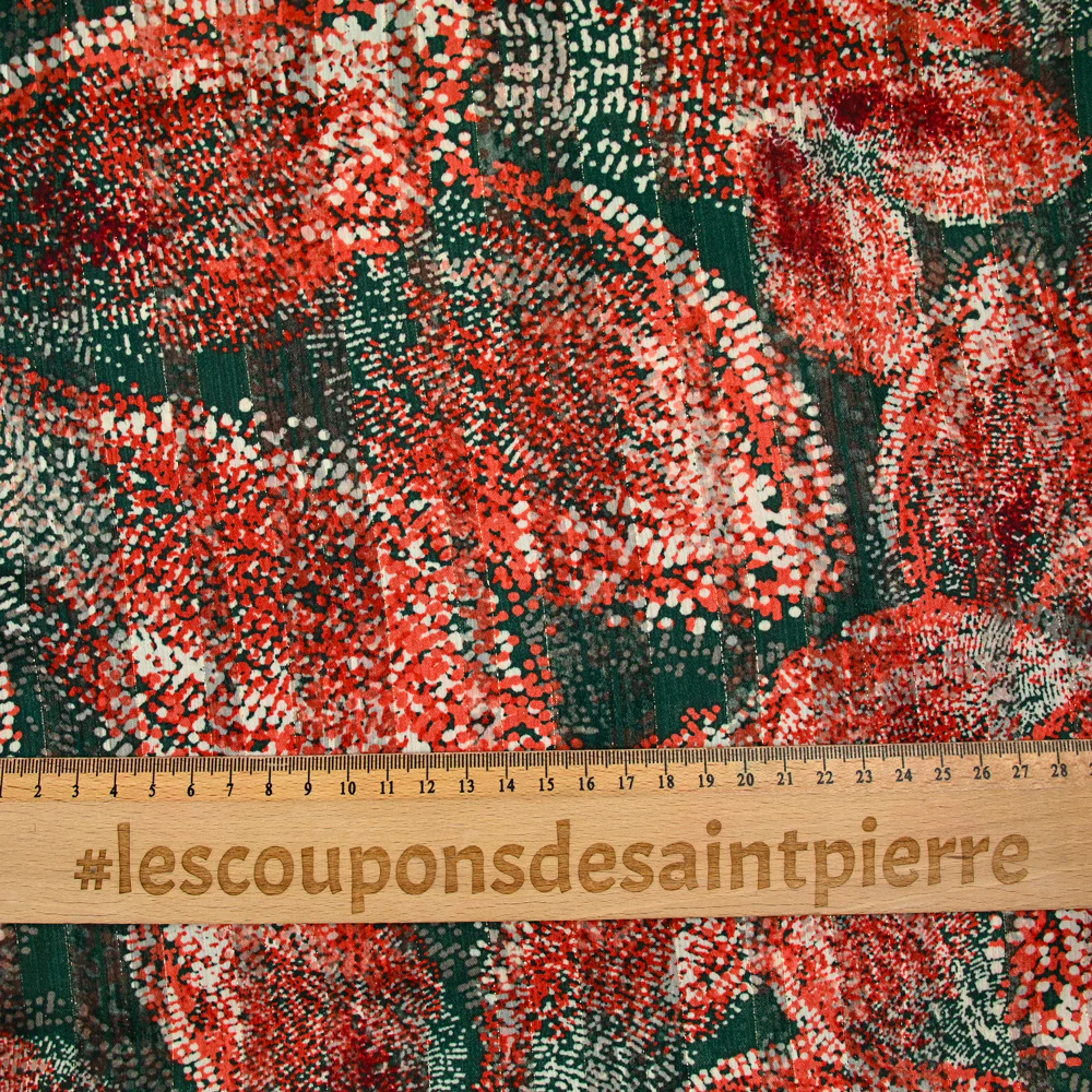Mousseline imprimée bande satin pointillisme vert et orange - Image 3