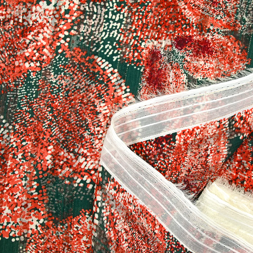 Mousseline imprimée bande satin pointillisme vert et orange - Image 4