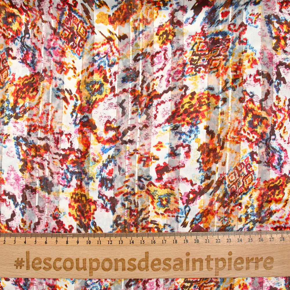 Mousseline imprimée bande satin poussière d’aube rose et jaune - Image 3