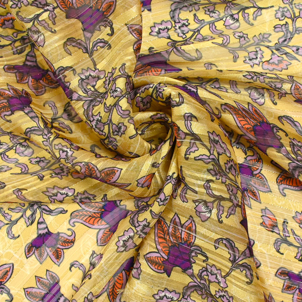Mousseline imprimée bande satin violet fond ocre - Image 2