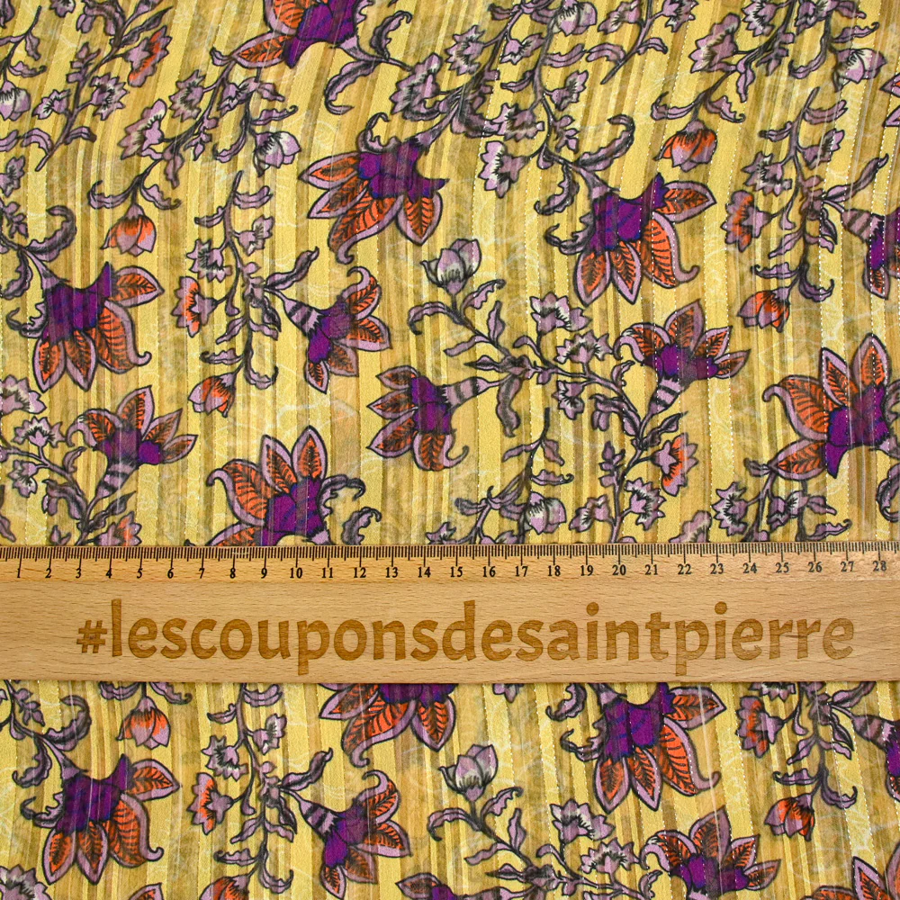 Mousseline imprimée bande satin violet fond ocre - Image 3
