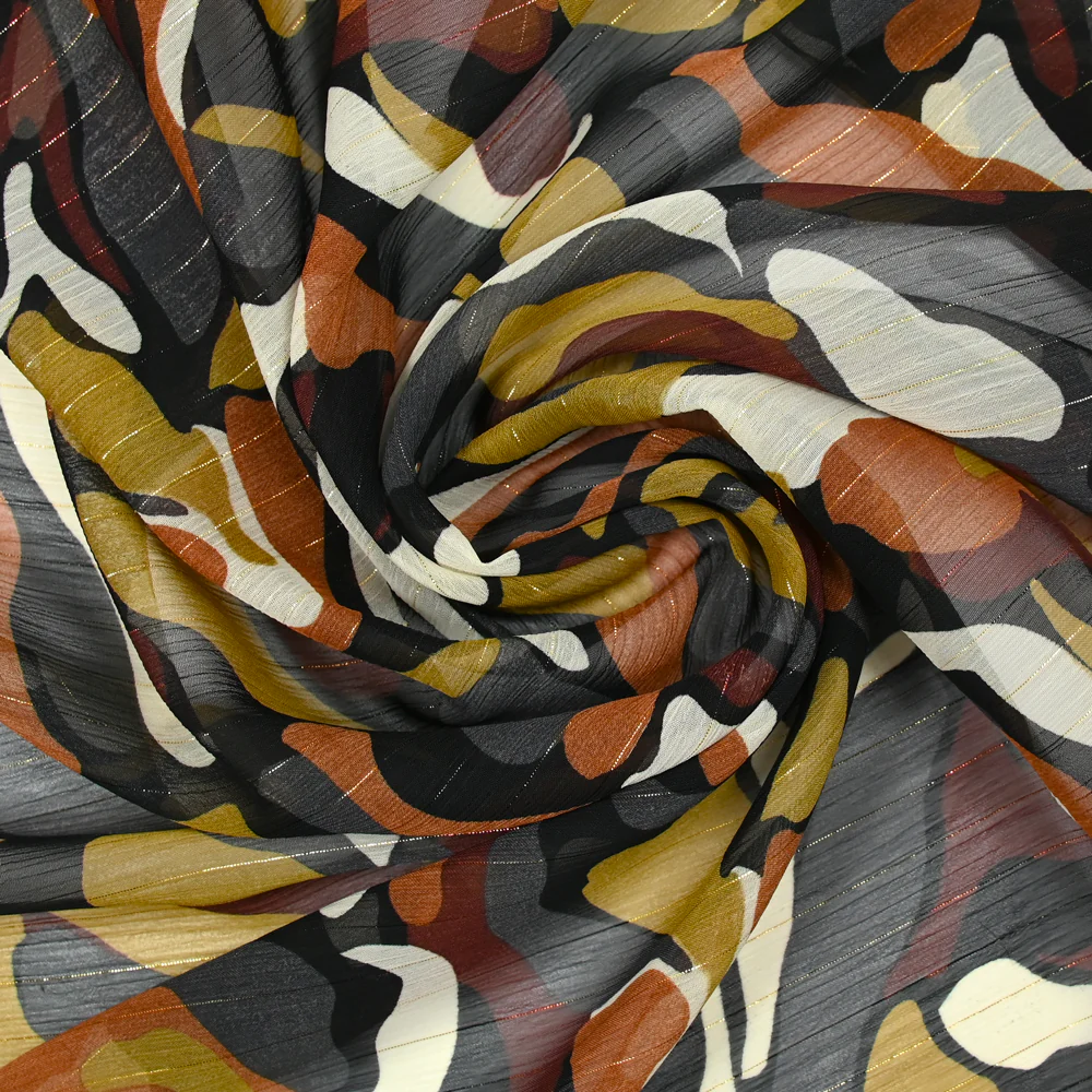 Mousseline crinkle imprimée irisée forme marron fond gris - Image 2
