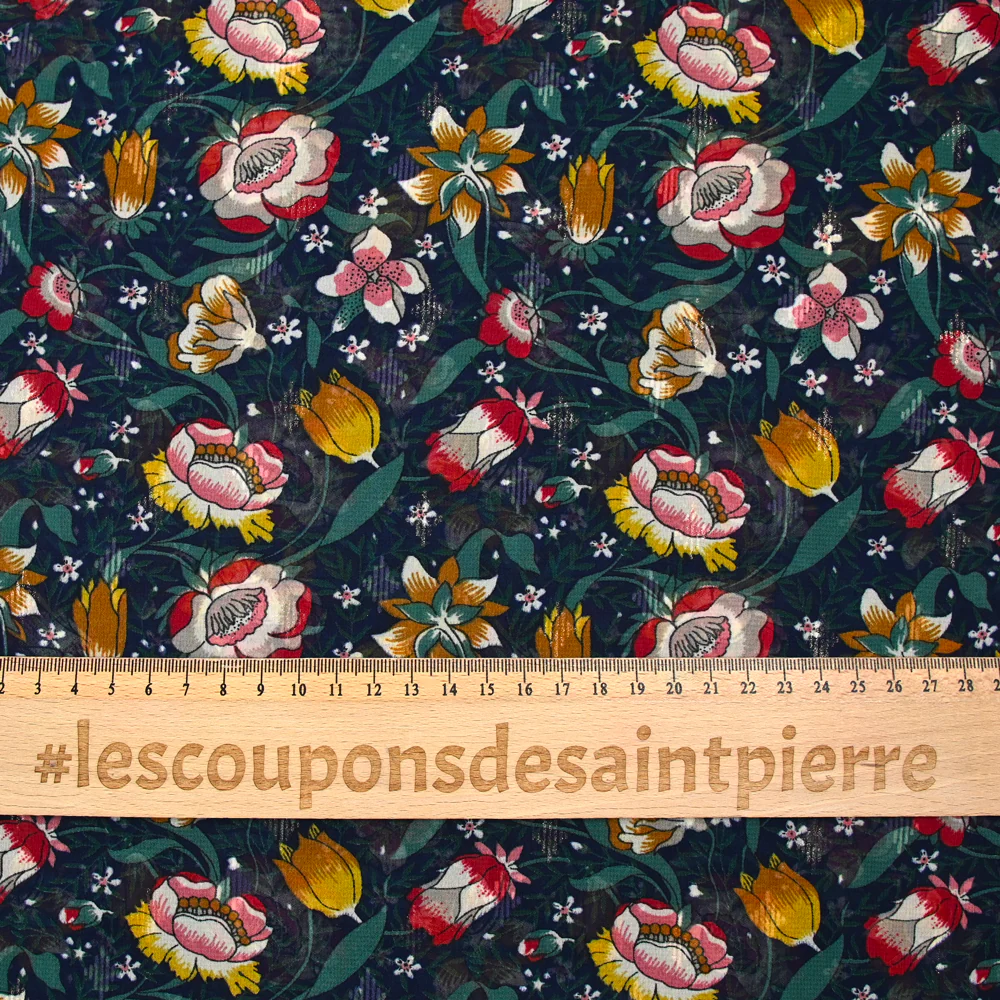 Mousseline imprimée tulipe moutarde fond marine - Image 3