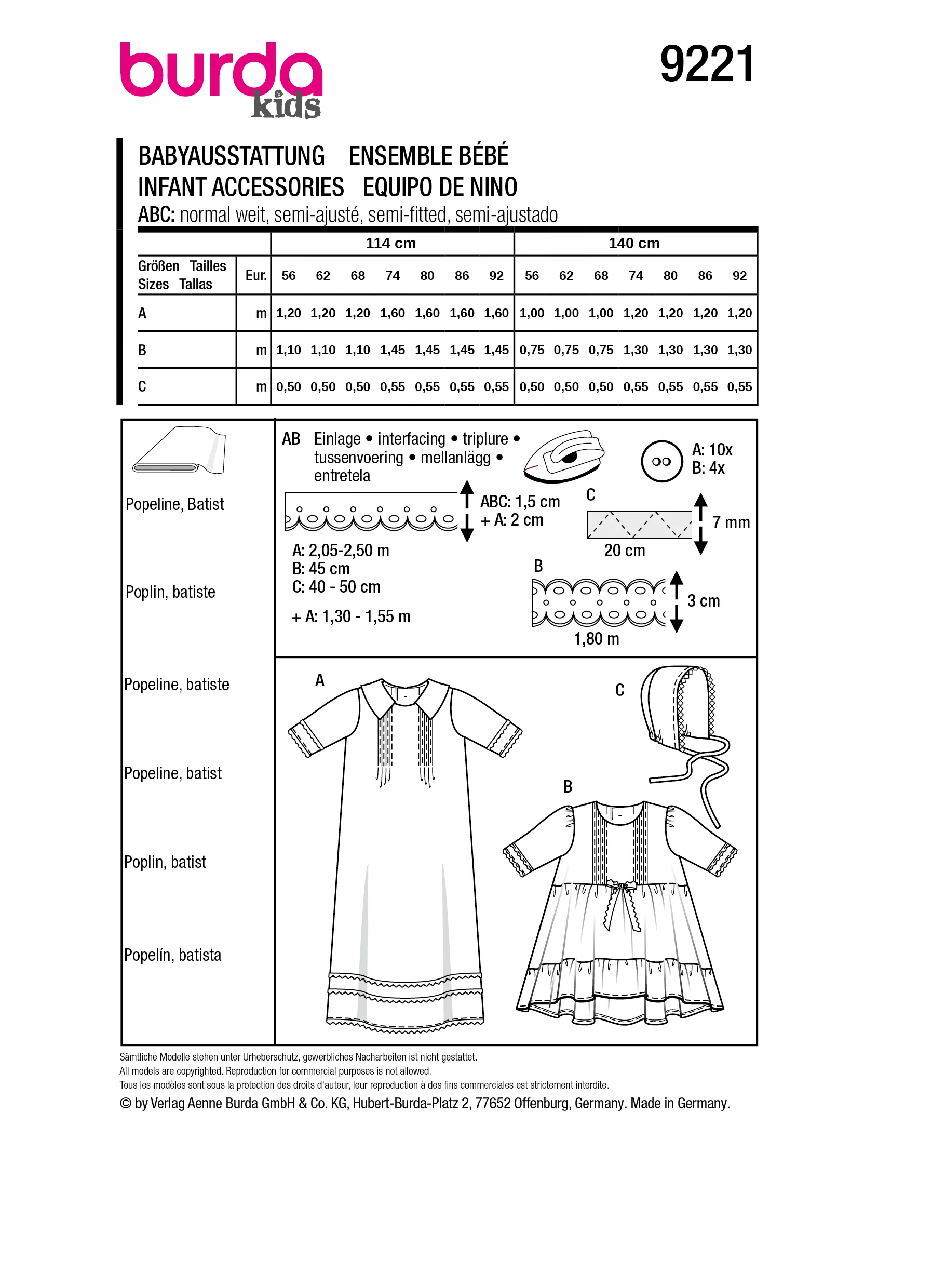 Patron Burda Enfant n°9221 : Ensemble bĂ©bĂ© - Robe de baptĂȘme - Image 5