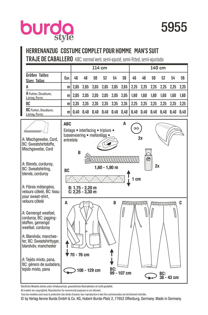 Patron Burda n°5955 : Costume complet pour homme - Image 2