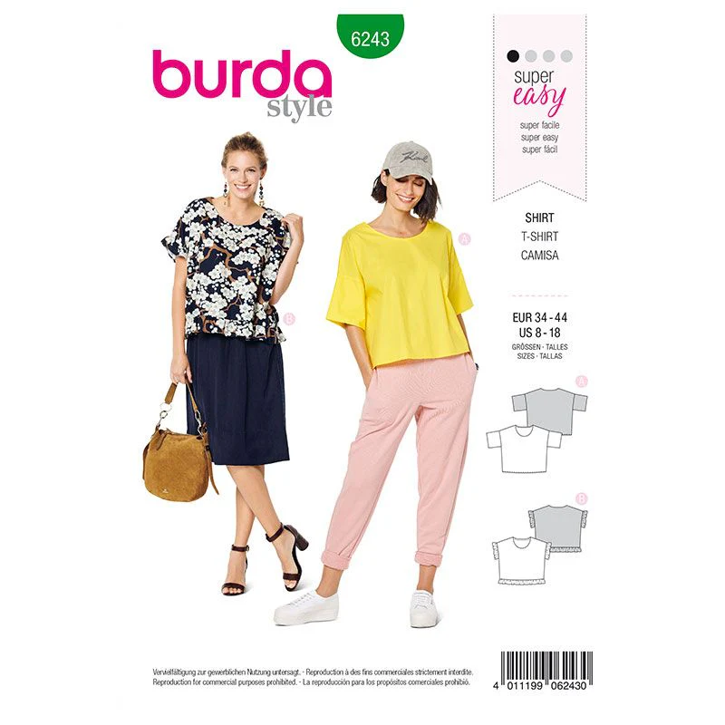 Patron Burda n° 6243 : Tee-shirt – encolure ronde – forme carrée – ruchés