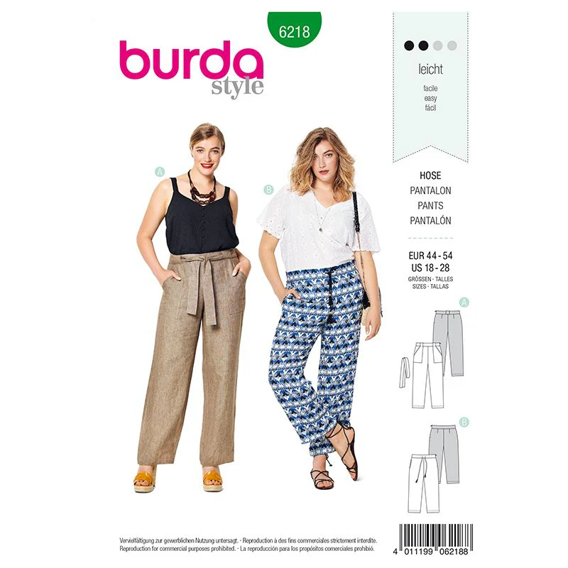 Patron Burda n°6218 : Pantalon  forme droite   poches plaquées