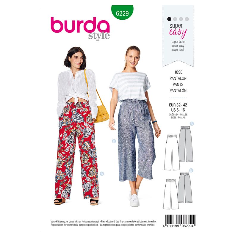 Patron Burda n°6229 : Pantalon à coulisse élastiquée avec des poches dans les coutures  jambe ample