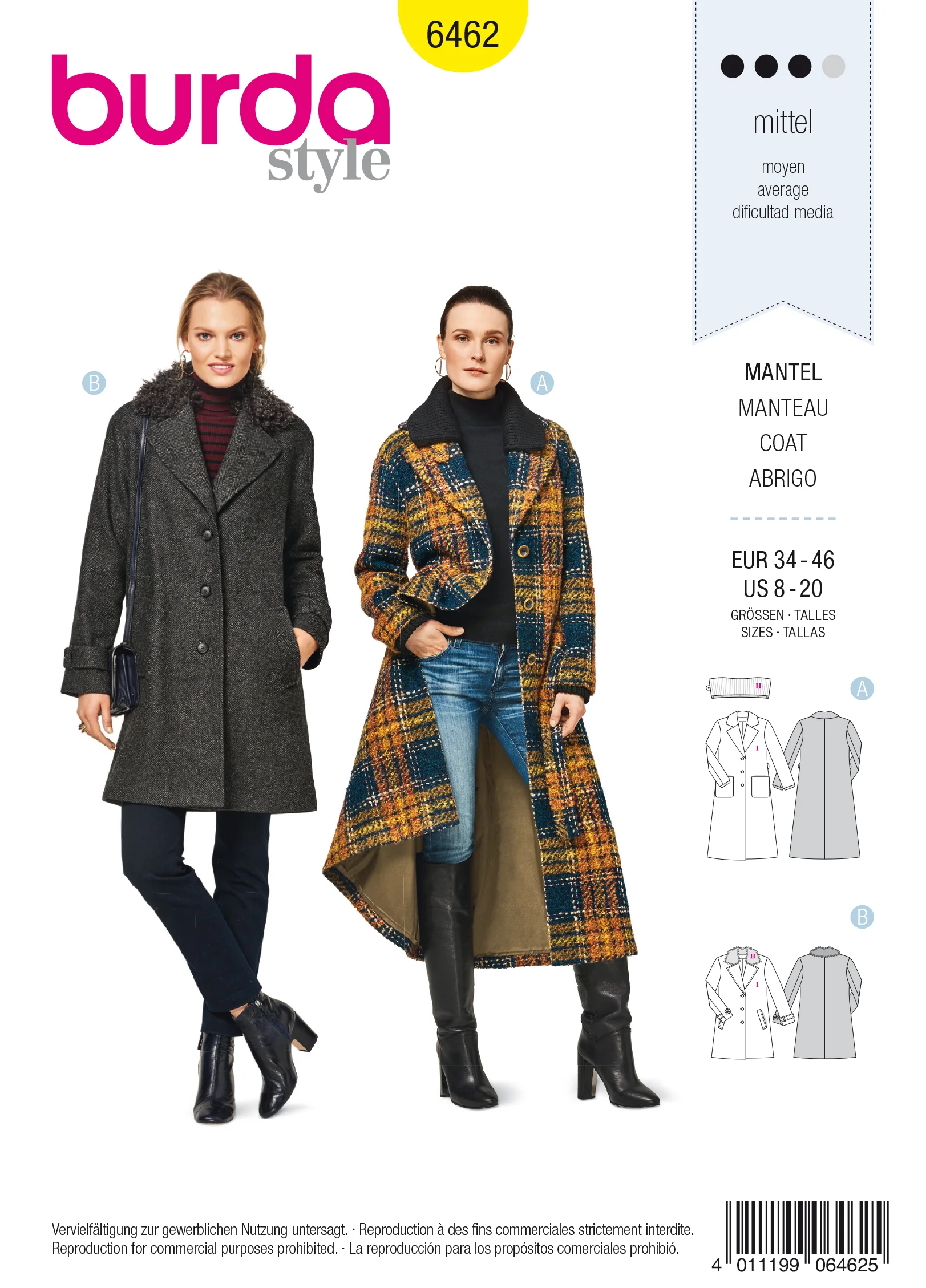 Patron Burda n°6462: Manteau classique femme