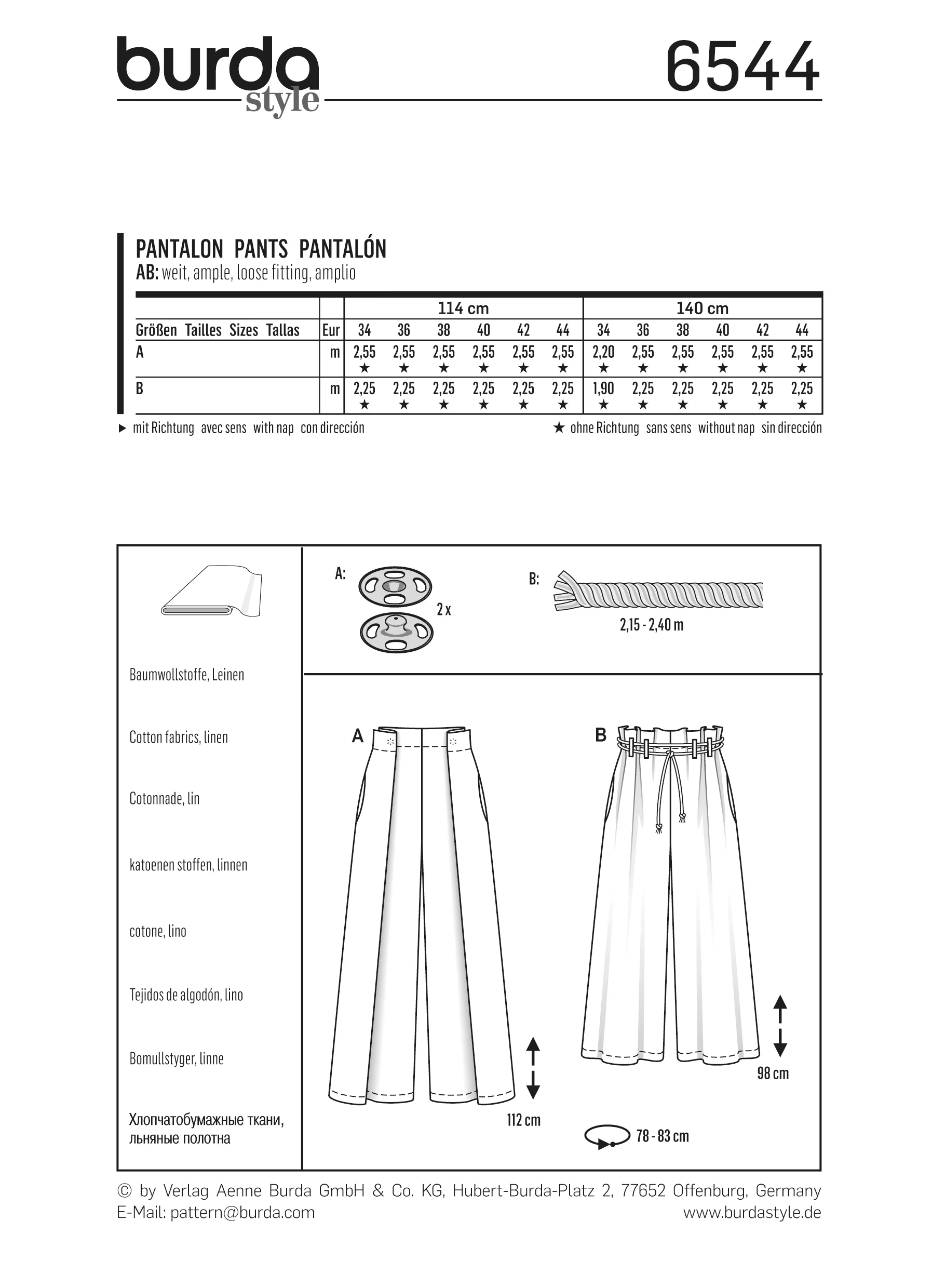 Patron Burda n°6544:  Pantalon jambes amples - Image 3