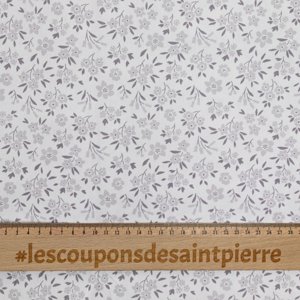 Piqué de coton imprimé fleurs de saison gris fond blanc - Image 4