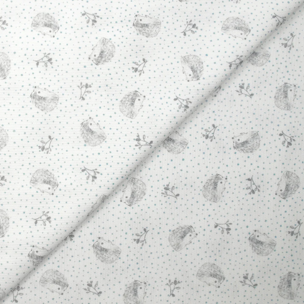 Piqué de coton imprimé hérisson et pois bleu fond blanc - Image 4