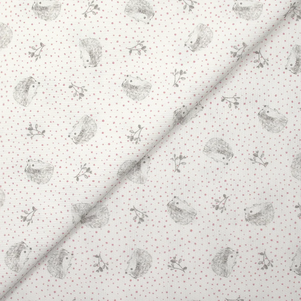 Piqué de coton imprimé hérisson et pois rose fond blanc - Image 4