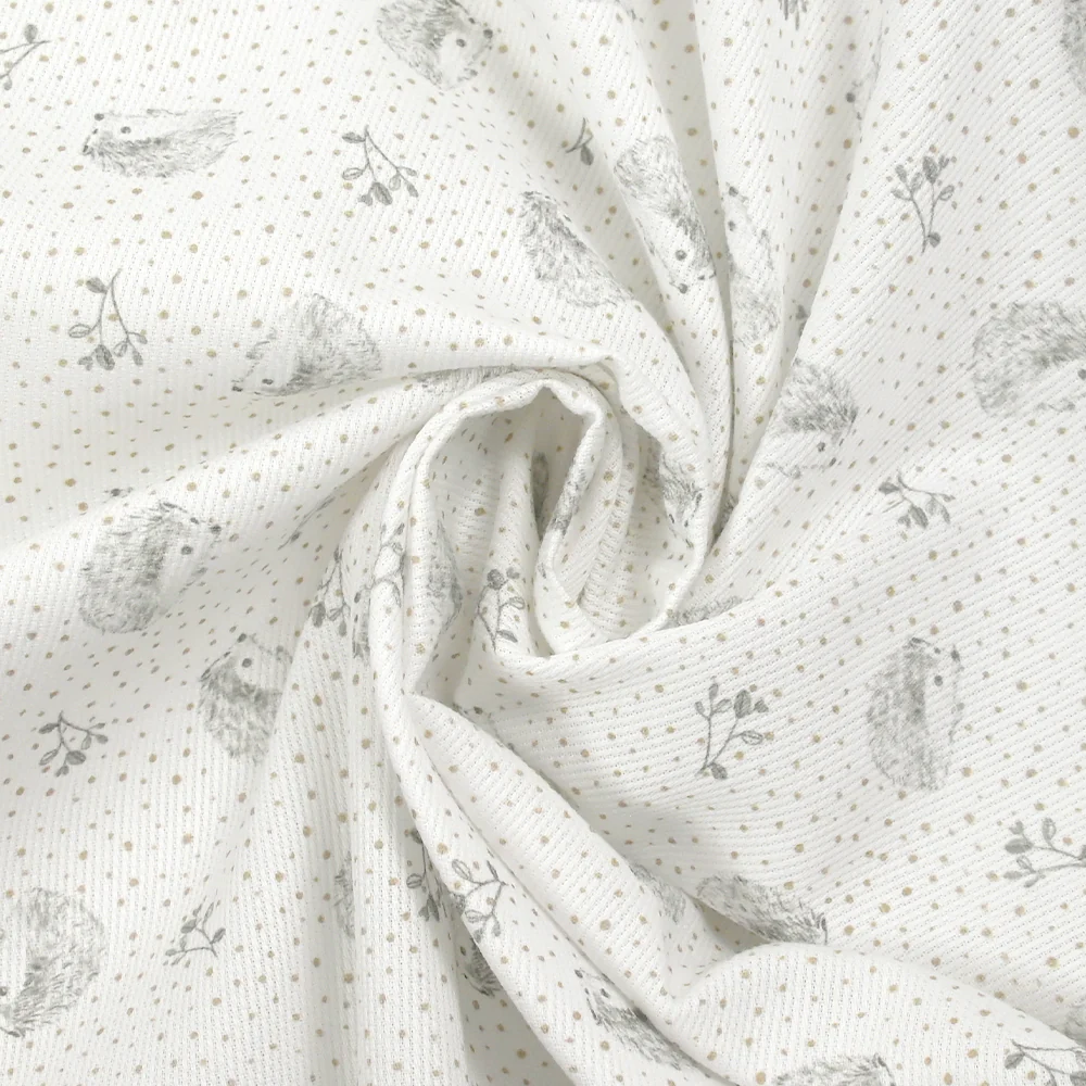 Piqué de coton imprimé hérisson et pois taupe fond blanc - Image 2