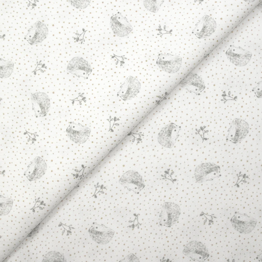 Piqué de coton imprimé hérisson et pois taupe fond blanc - Image 4