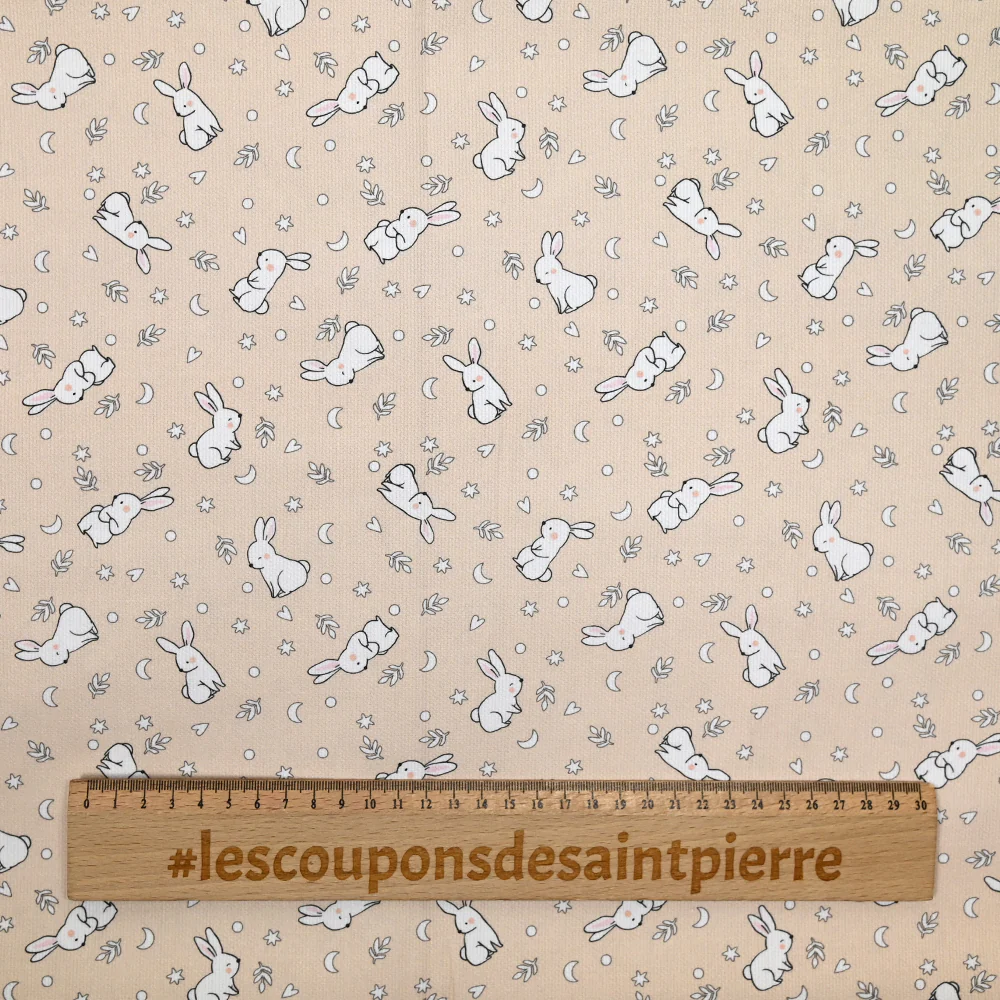 Piqué de coton imprimé jeune lapin fond beige - Image 3