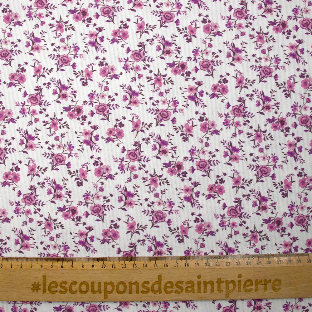 Piqué de coton imprimé les fleurs de Louna violet fond blanc - Image 3