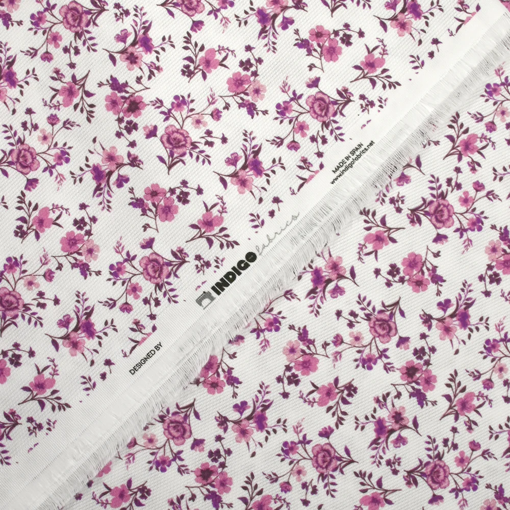 Piqué de coton imprimé les fleurs de Louna violet fond blanc - Image 5