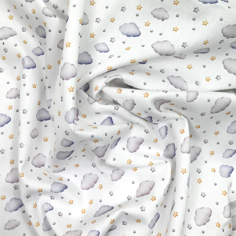 Piqué de coton imprimé nuage et étoile jaune, gris et bleu - Image 2
