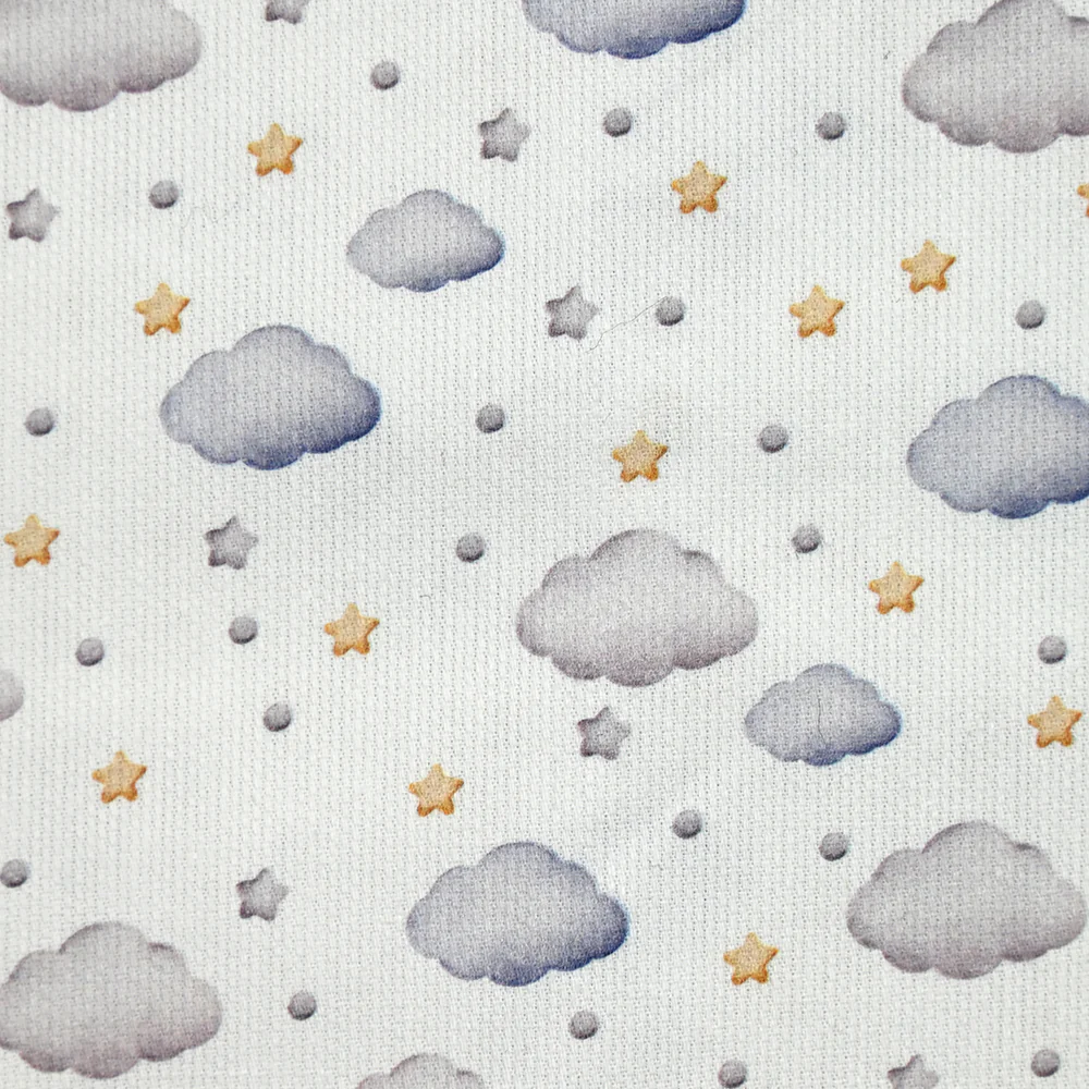 Piqué de coton imprimé nuage et étoile jaune, gris et bleu - Image 3