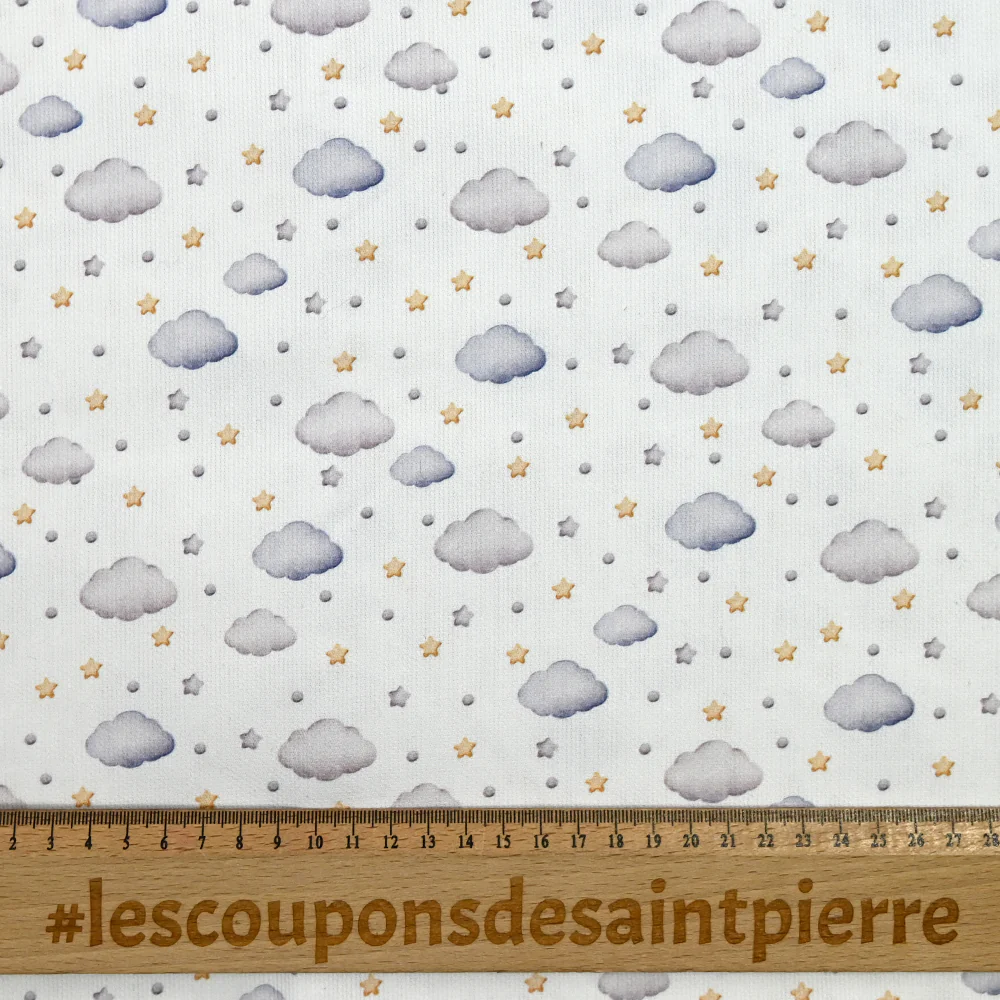 Piqué de coton imprimé nuage et étoile jaune, gris et bleu - Image 4