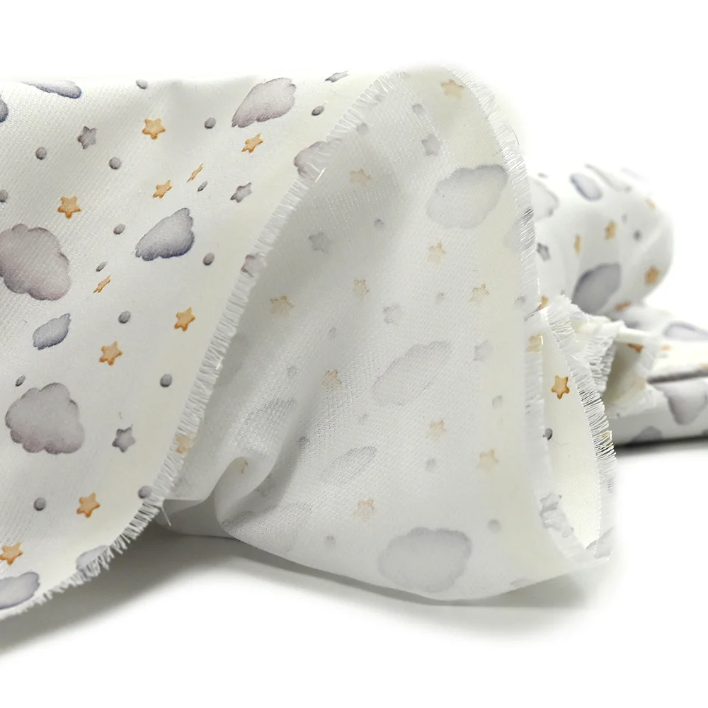 Piqué de coton imprimé nuage et étoile jaune, gris et bleu - Image 5