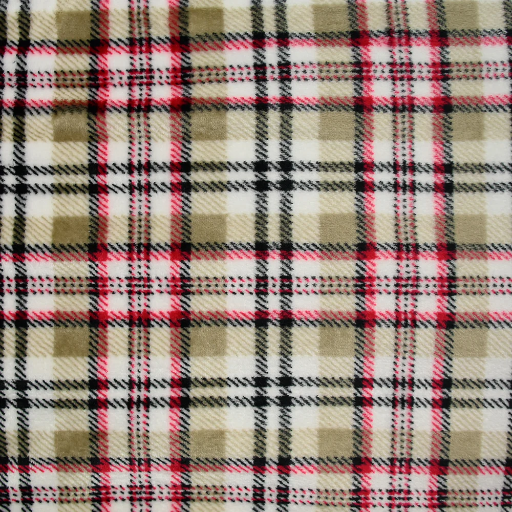 Polaire doudou imprimée tartan rouge et beige fond blanc