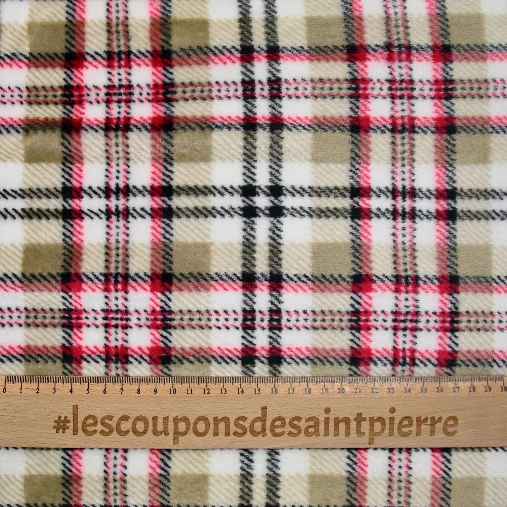 Polaire doudou imprimée tartan rouge et beige fond blanc - Image 3