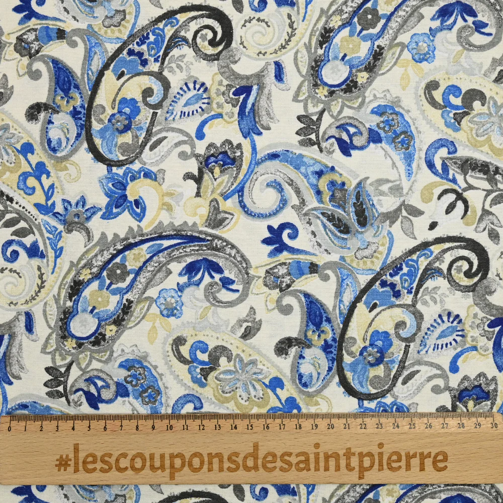 Polycoton imprimé cachemire bleu, beige et gris - Image 3
