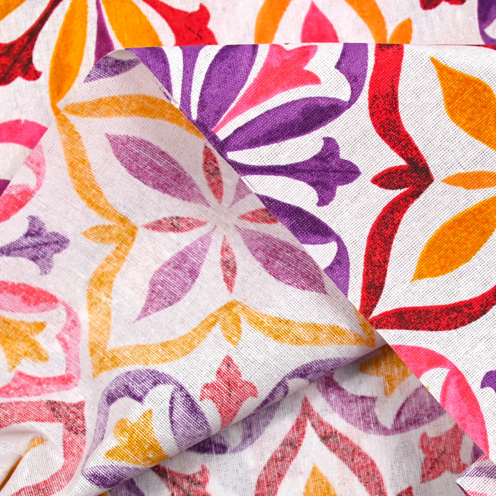 Polycoton imprimé faïence rose, violet et moutarde fond blanc - Image 4