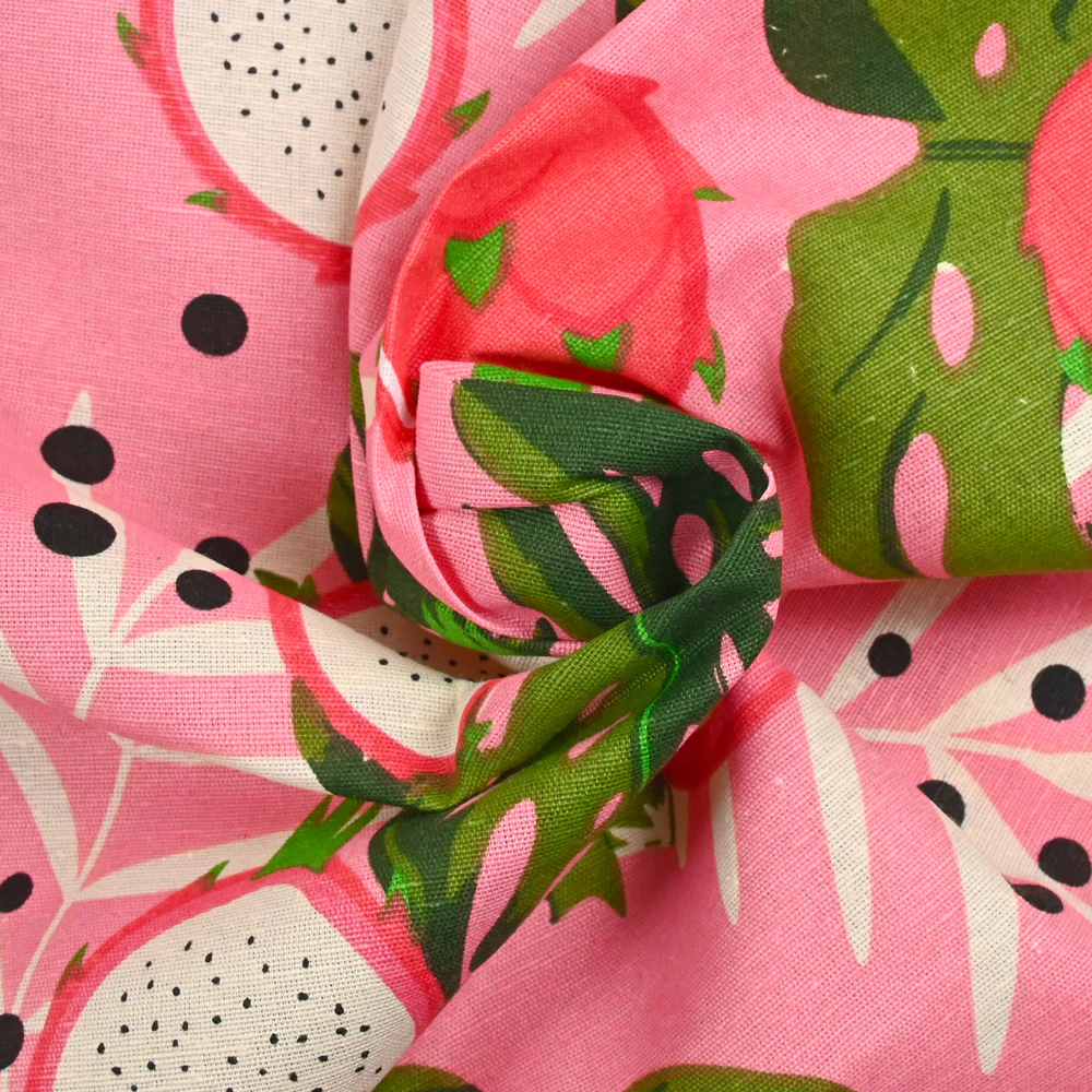 Polycoton imprimé monstera et fruit du dragon fond rose - Image 2