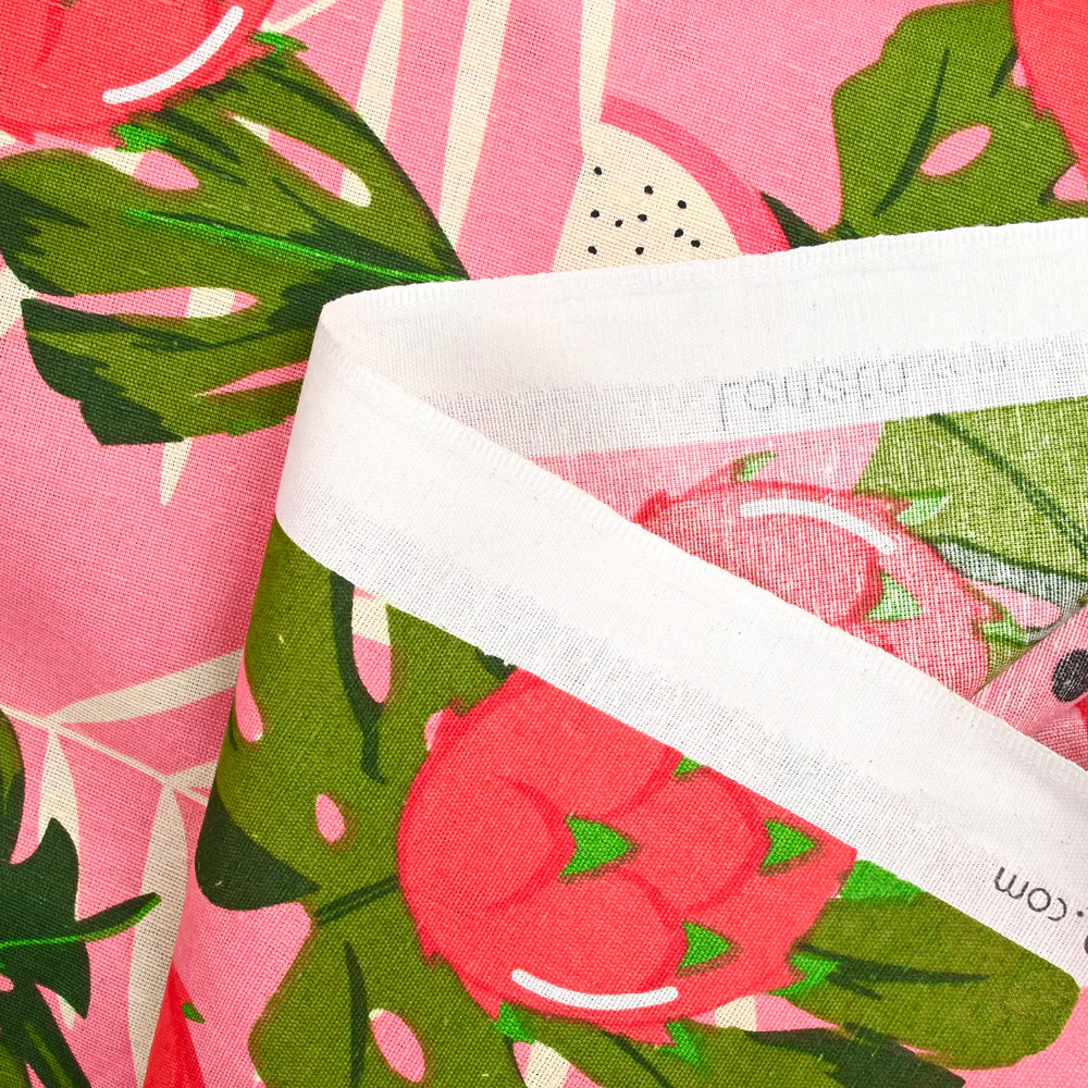 Polycoton imprimé monstera et fruit du dragon fond rose - Image 4